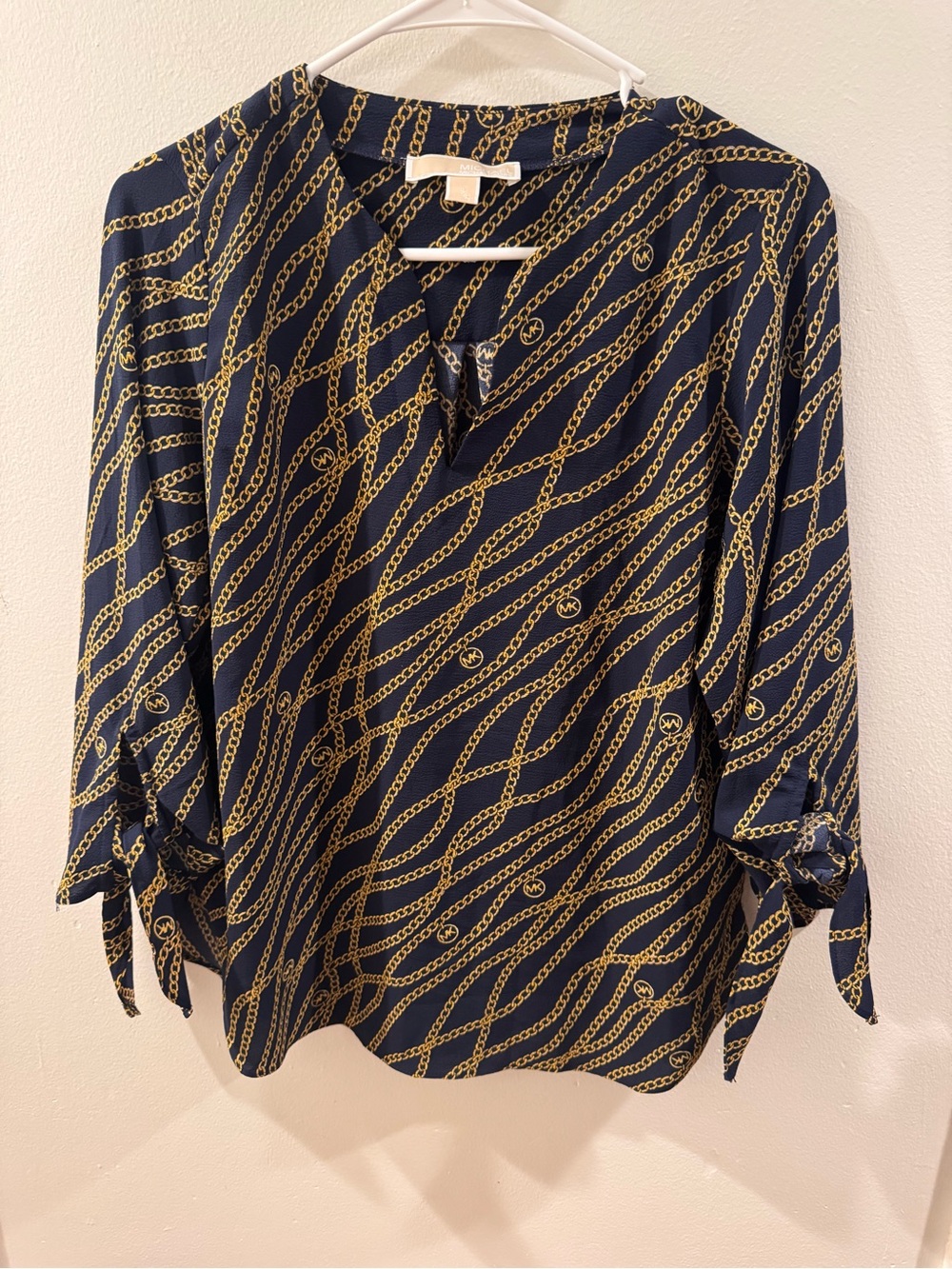 Michael Kors Chain-Print Tie-Sleeve Blouse - Navy Size Small